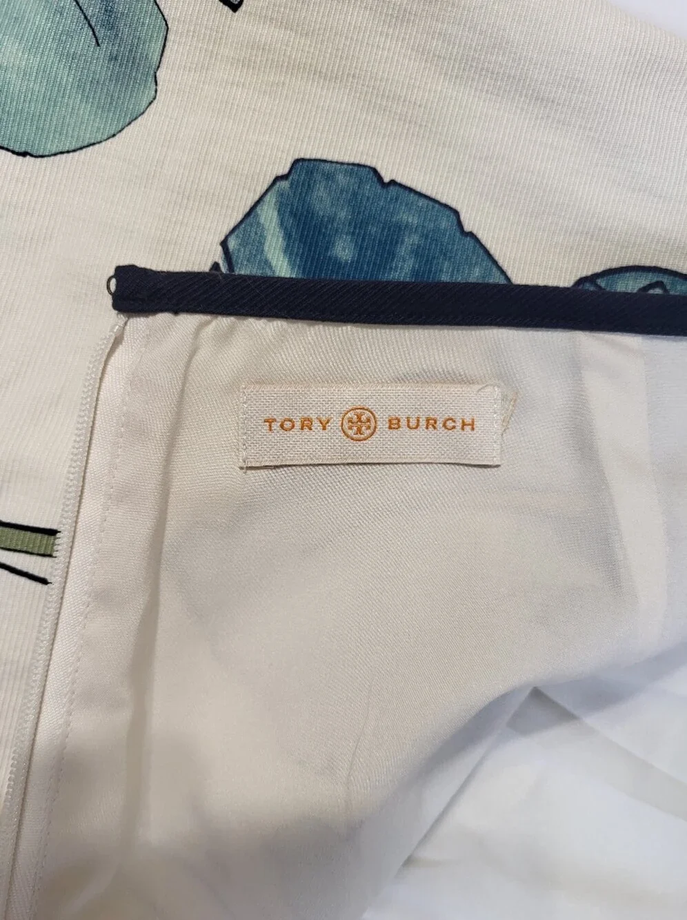 Tory Burch Iris Print A Line Skirt Black Scallop Trim Lined Blue Cream